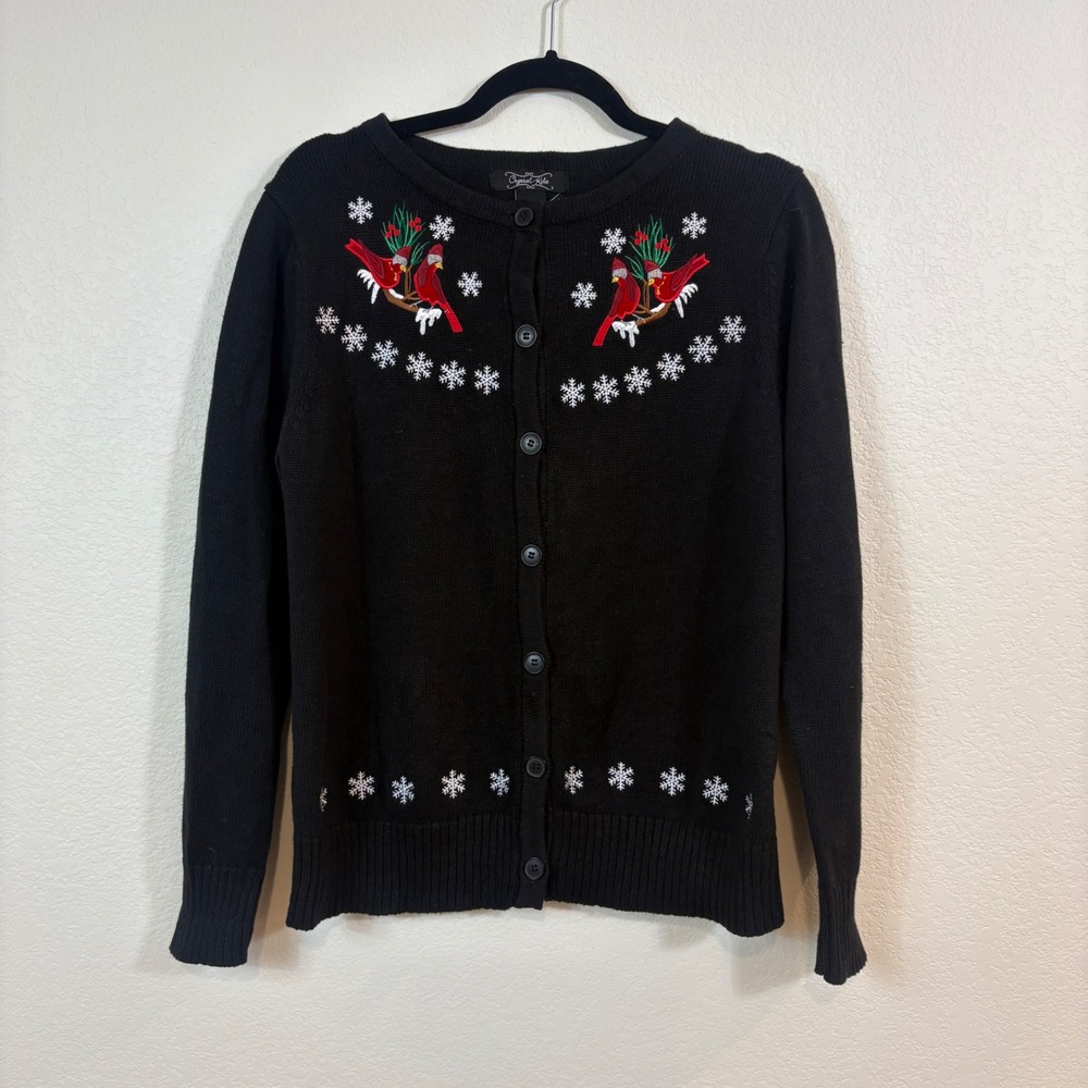 Crystal Kobe Cardigan M Black Vintage Cardinal Pair Couple Snowflake Holiday